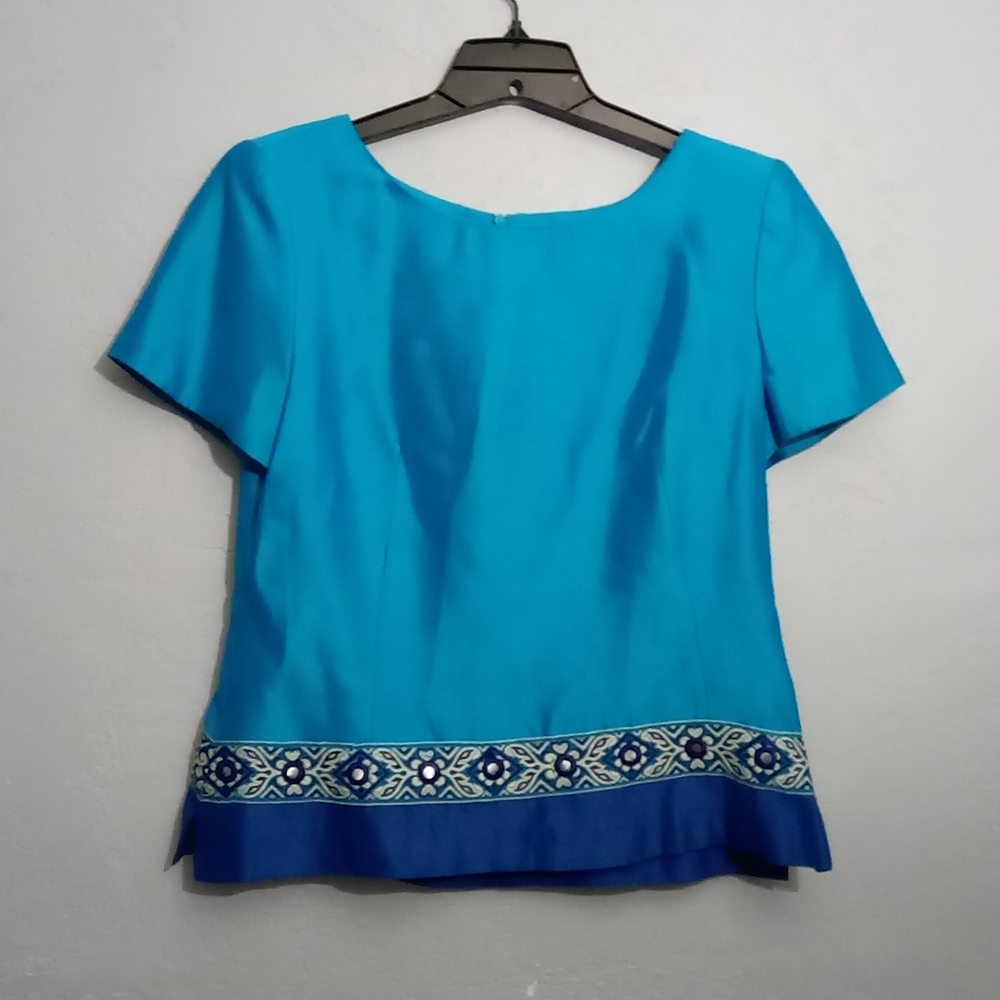Taurus II Vintage Blouse Shirt Top Short Sleeves Back Zipper Rayon Acetate Sz 8P
